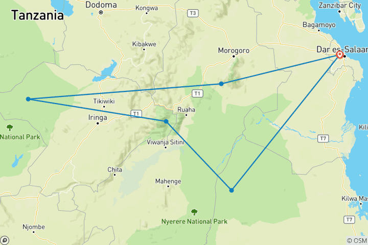 Map of Customized Southern Tanzania Safaris, Daily Departure & Private Trip