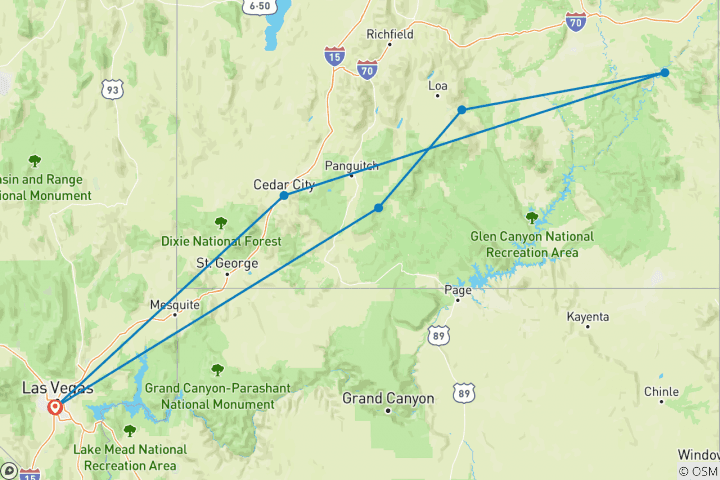 Map of Mighty 5 Canyons Adventure (from Las Vegas) 5D/4N