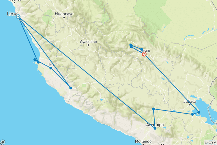 Carte du circuit Voyage privé personnalisé au Pérou avec départ quotidien