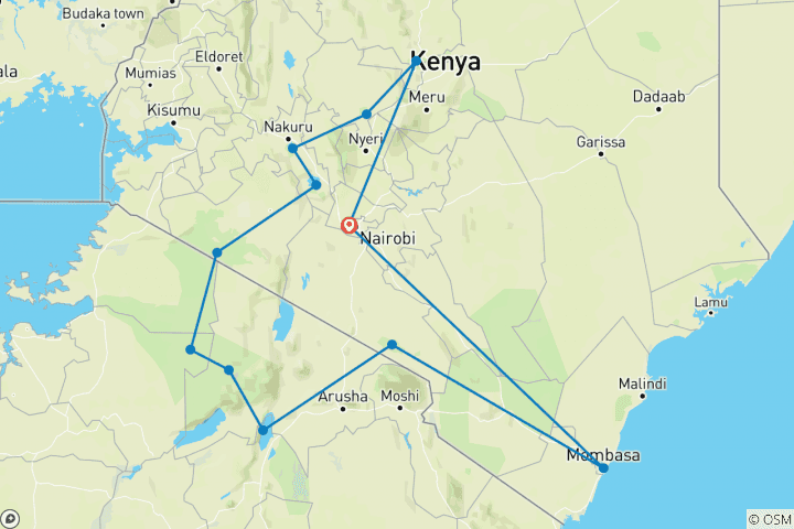 Mapa de Vacaciones de 19 días en lo mejor de Kenia, Tanzania y la playa de Diani - High End