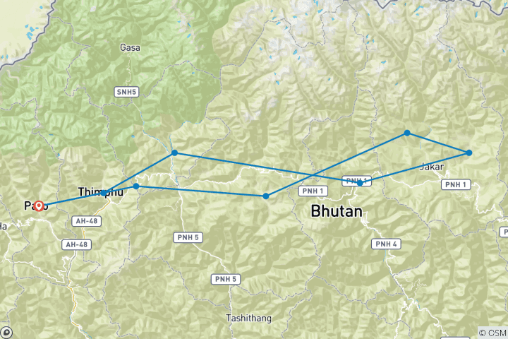 Kaart van Bhutan Culturele Rondreis met 2-daagse Trek in Bumthang Vallei