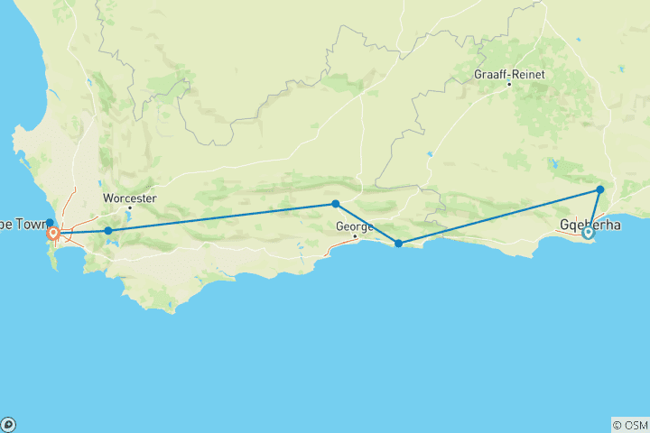 Carte du circuit Aventure privée personnalisée sur la Route des jardins en Afrique du Sud, départ quotidien
