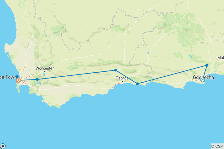 Map of Customized Private Garden Route Adventure of South Africa, Daily Departure