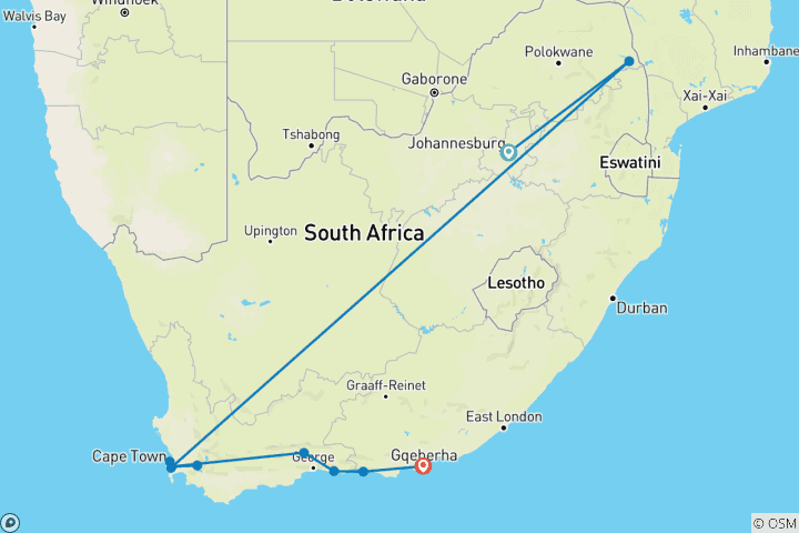 Kaart van Privéreis op maat door Zuid-Afrika - de Tuinroute - vertrekt dagelijks