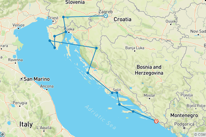 Map of Country Roads of Croatia (Small Groups, 14 Days)