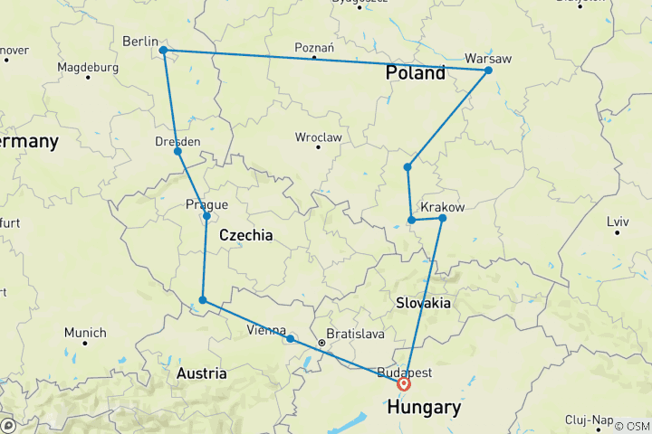 Kaart van Hoogtepunten van Oost-Europa (Kleine groepen, Eind Budapest, 14 dagen)