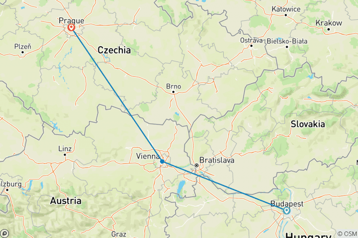 Kaart van Gemakkelijk tempo Boedapest, Wenen en Praag (Kleine groepen, Zomer, 10 dagen)
