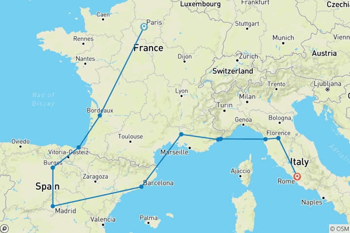 Map of Mediterranean Journey (Small Groups, Start Paris, 16 Days)