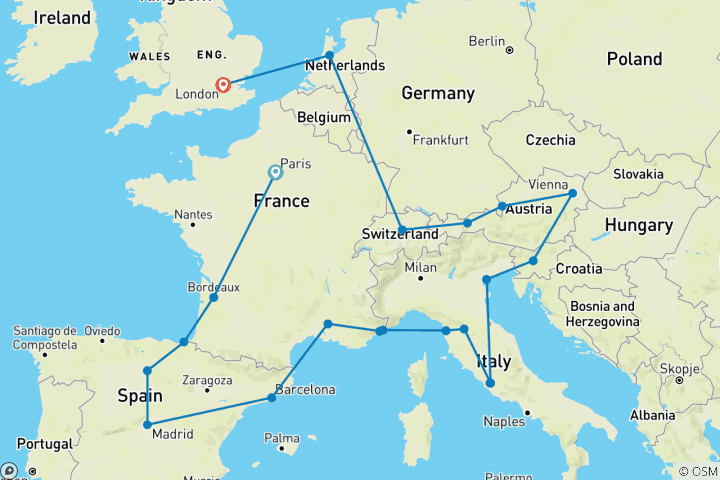 Kaart van Grandeur van Europa (kleine groepen, Parijs als vertrekpunt, Londen als eindpunt, 26 dagen)