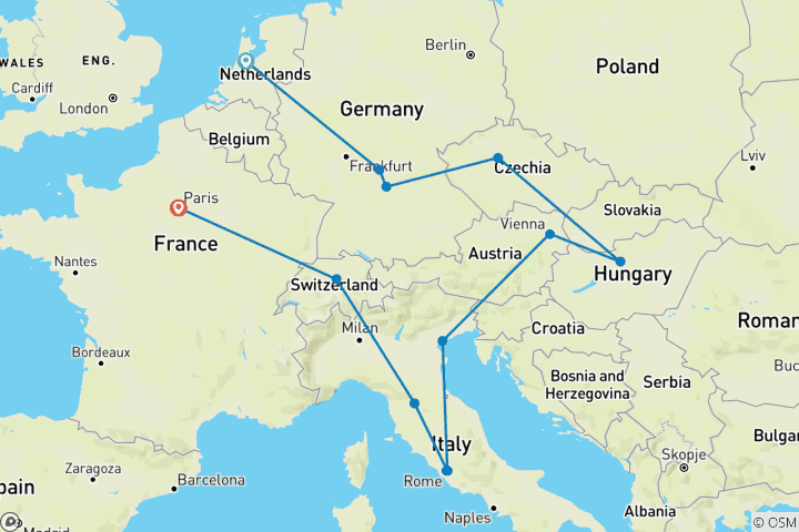 Map of Romantic European (Small Groups, Start Amsterdam, End Paris, 18 Days)