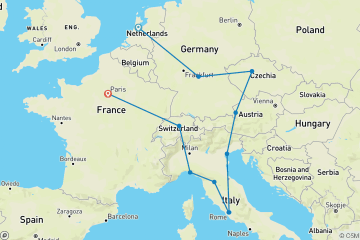 Karte von Europa Entdeckungsreise (Kleingruppen, Start Amsterdam, Ende Paris, 16 Tage)