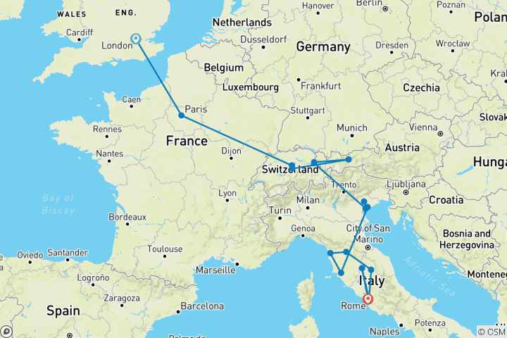 Carte du circuit Route vers Rome (petits groupes, été, départ de Londres, 12 jours)