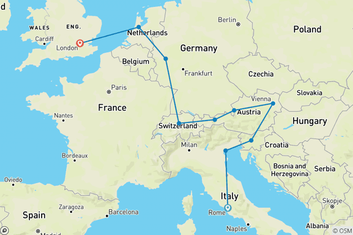 Map of Splendid Europe (Small Groups, End London, 14 Days)