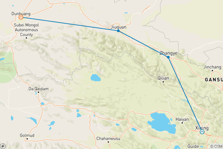 Carte du circuit Circuit de 8 jours sur la Route de la Soie en Chine : Xining, Zhangye, Jiayuguan et Dunhuang