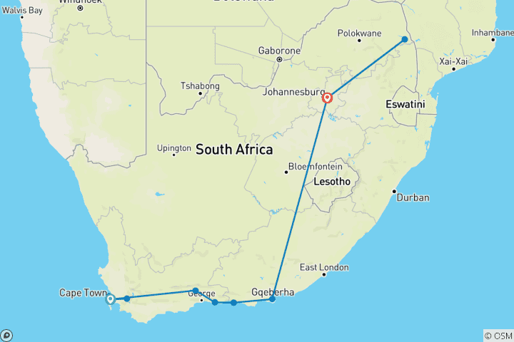 Carte du circuit Vacances privées sur mesure de 2 semaines en Afrique du Sud, départ quotidien