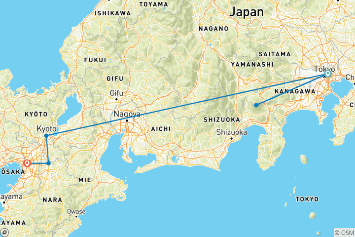 Carte du circuit 7 jours - Circuit classique du meilleur Japon en mini-groupe, max. 6 personnes et hôtels 3/4 étoiles