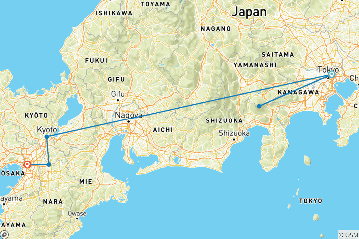 Carte du circuit 7 jours Meilleur circuit du Japon en mini groupe à Tokyo, Kyoto, Nara, Osaka, Max 6 personnes