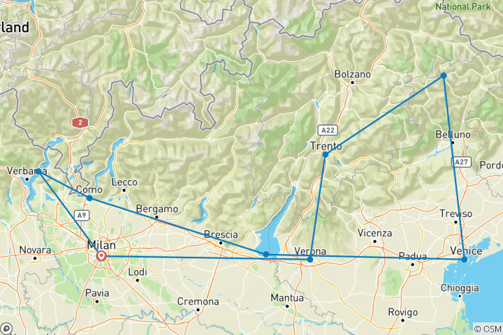 Map of Country Roads of Northern Italy (Small Groups, Preview 2022, 10 Days)