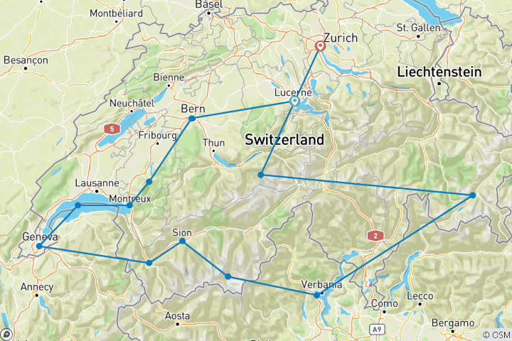 Map of Country Roads of Switzerland (Small Groups, Preview 2022, 14 Days)