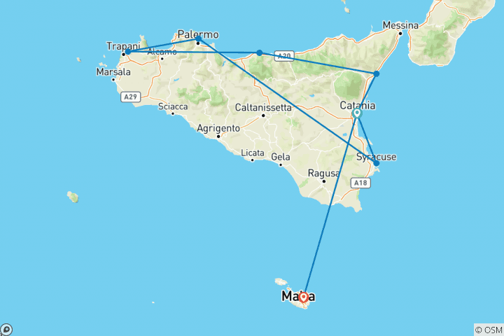 Map of Sicily in Depth (Preview 2022, End Malta, 13 Days) (8 destinations)