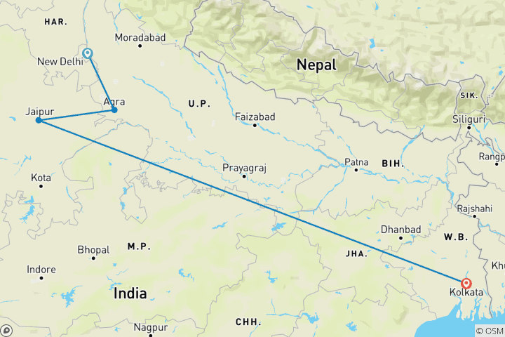 Map of India's Golden Triangle Tour with Kolkata 9 Days