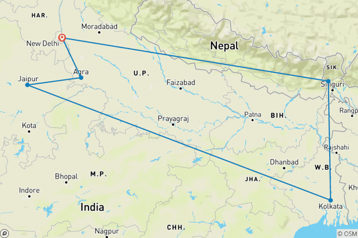 Carte du circuit Triangle d'or de l'Inde avec Kolkata et Darjeeling 12 jours