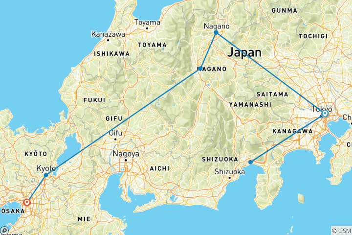 Carte du circuit Circuit personnalisé au Japon avec Nakasendo-way, départ quotidien