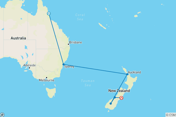 Map of Best of Australia and New Zealand Highlights18 Days Tour