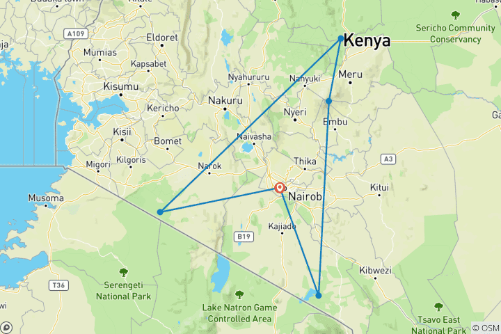 Carte du circuit Safari personnalisé de 10 jours au Kenya, départ quotidien et visite privée