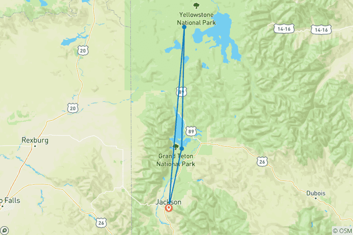 Map of 5 Days Yellowstone and Grand Tetons National Park Adventure