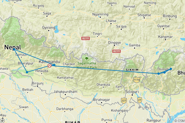 Carte du circuit Bhutan Nepal- Paro Thimphu Katmandou Pokhara