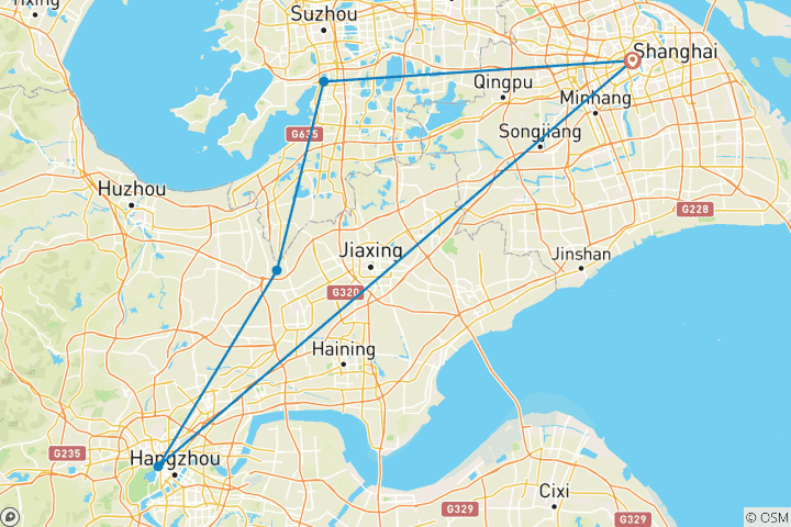 Carte du circuit Découverte du sud de la Chine en 7 jours : Shanghai, Suzhou, ville d'eau de Wuzhen, Hangzhou