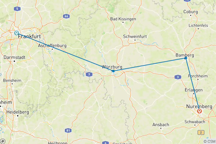 Carte du circuit Les fêtes de fin d'année au cœur de l'Allemagne 2024 (from Francfort-sur-le-Main to Nuremberg)