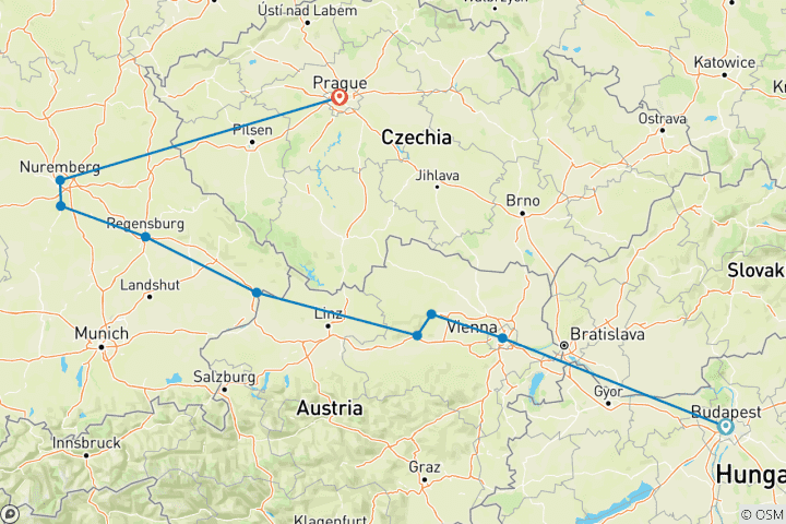 Carte du circuit Découverte du Danube Bleu avec 2 nuits à Prague 2024