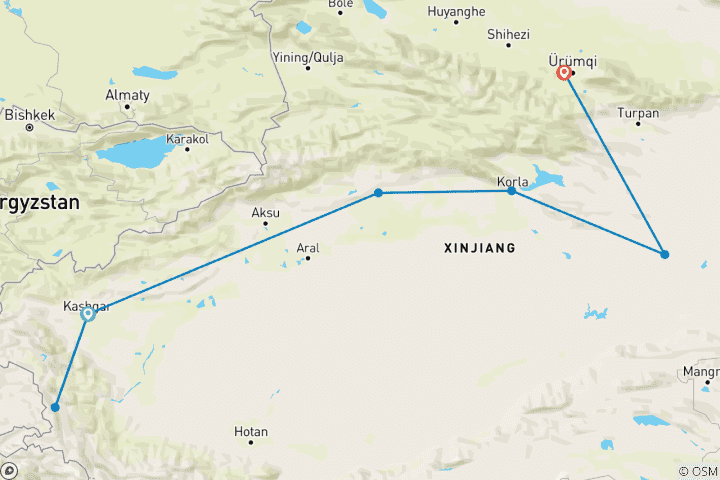 Map of Southern Xinjiang 12D: Kashgar, Tashkurgan, Hetian, Taklimakan, Kuqa, Turpan, Urumqi