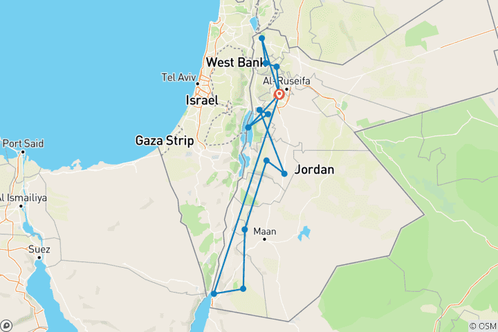 Carte du circuit 9 jours de vacances sur mesure en Jordanie avec Petra et la mer Morte, départ quotidien et voiture exclusive