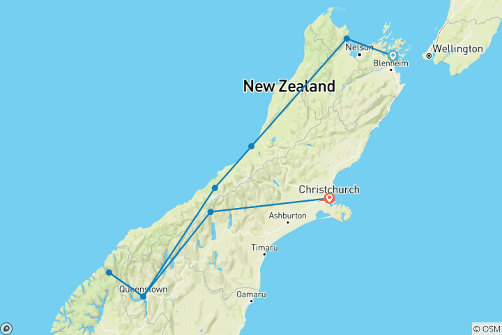 Map of 11 Day 'Takahe' South Island Select Tour