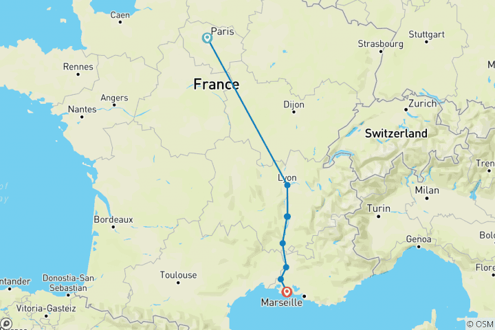 Map of Active & Discovery on the Rhône with 2 Nights in Paris (Southbound) 2024