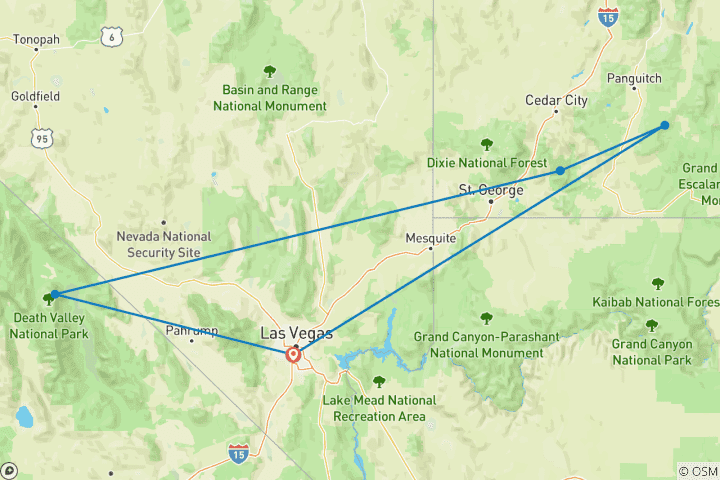 Map of USA National Parks 5 days – Zion Bryce Antelope Death Valley from Vegas