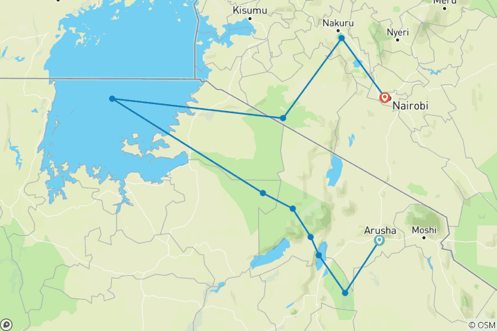 Map of 10-Days Best of Tanzania & Kenya Highlights Safari- Mid-range