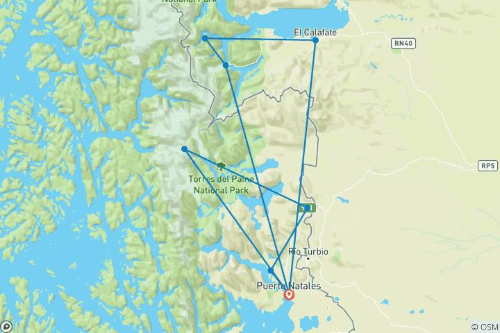 Mapa de Excursión de 5 días Glaciares de la Patagonia