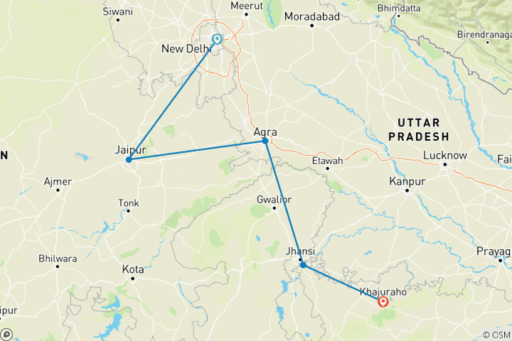 Carte du circuit Circuit du triangle d'or avec Orchha- Khajuraho.