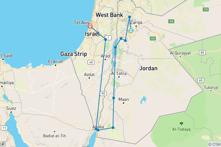 Map of 8 Days Customized Private Jordan Israel Tours, Daily Start