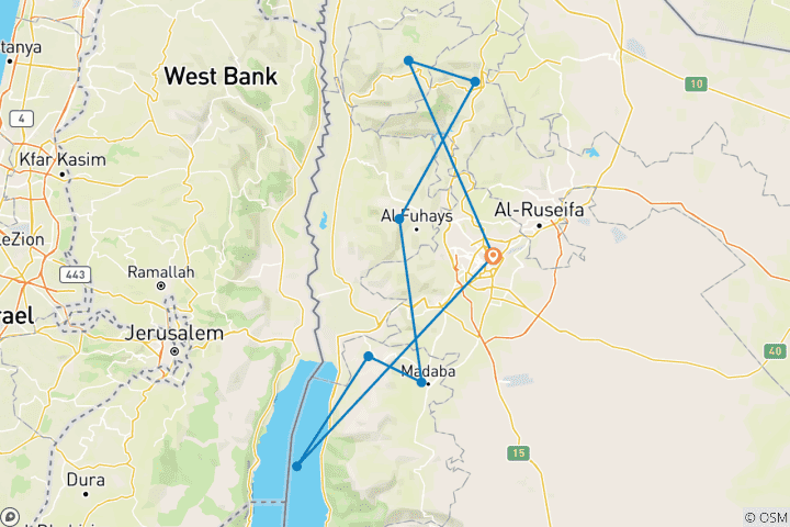Carte du circuit 4 jours d'excursion personnalisée en Jordanie avec des hôtels 4 et 5 étoiles, départ quotidien
