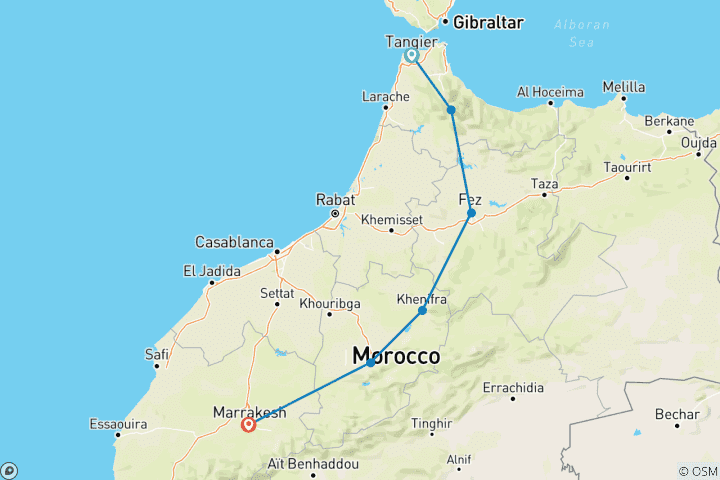 Carte du circuit Circuits au Maroc - Circuit privé de 3 jours de Tanger à Marrakech en visitant Chefchaouen et Fes