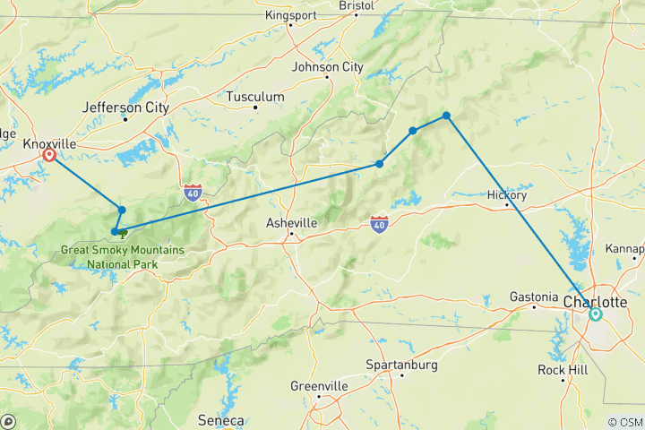 Mapa de EE.UU. - 5 días de Blue Ridge Parkway a las grandes Montañas Humeantes