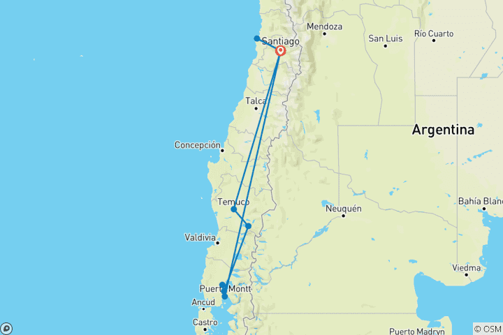 Map of Tailor-Made Chile Holiday to Santiago and Lakes District with Daily Departure