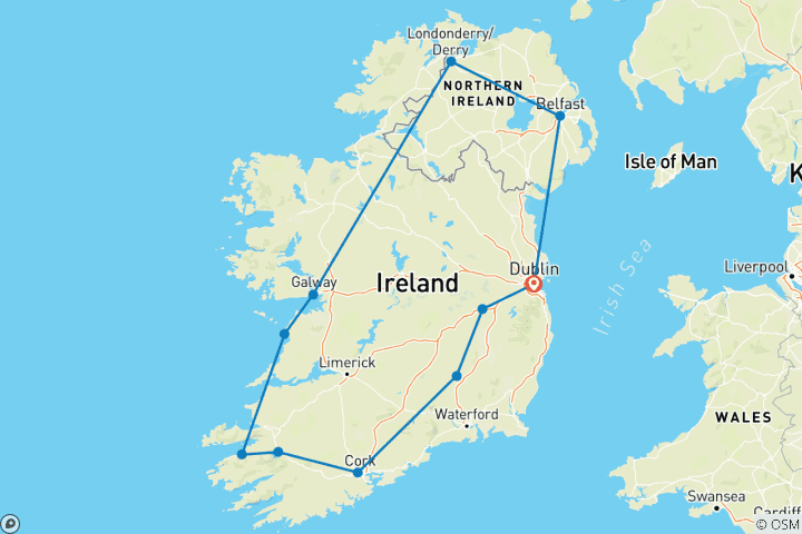 Karte von Landstraßen Irlands (Kleine Gruppen, Ende Dublin, 12 Tage) (11 Destinationen)