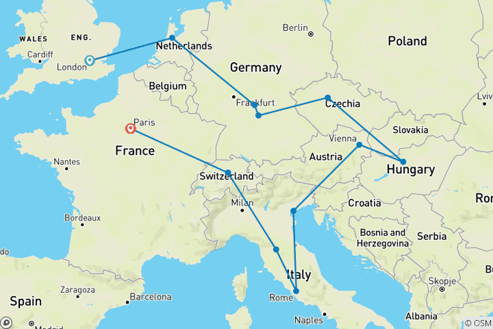 Karte von Romantisches Europa (Kleingruppen, Start London, Ende Paris, 19 Tage)