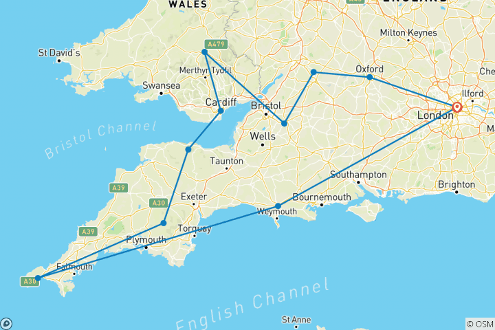 Karte von Rundreise auf den Landstraßen von Wales, Devon & Cornwall - kleine Gruppen (11 Tage) (11 Destinationen)